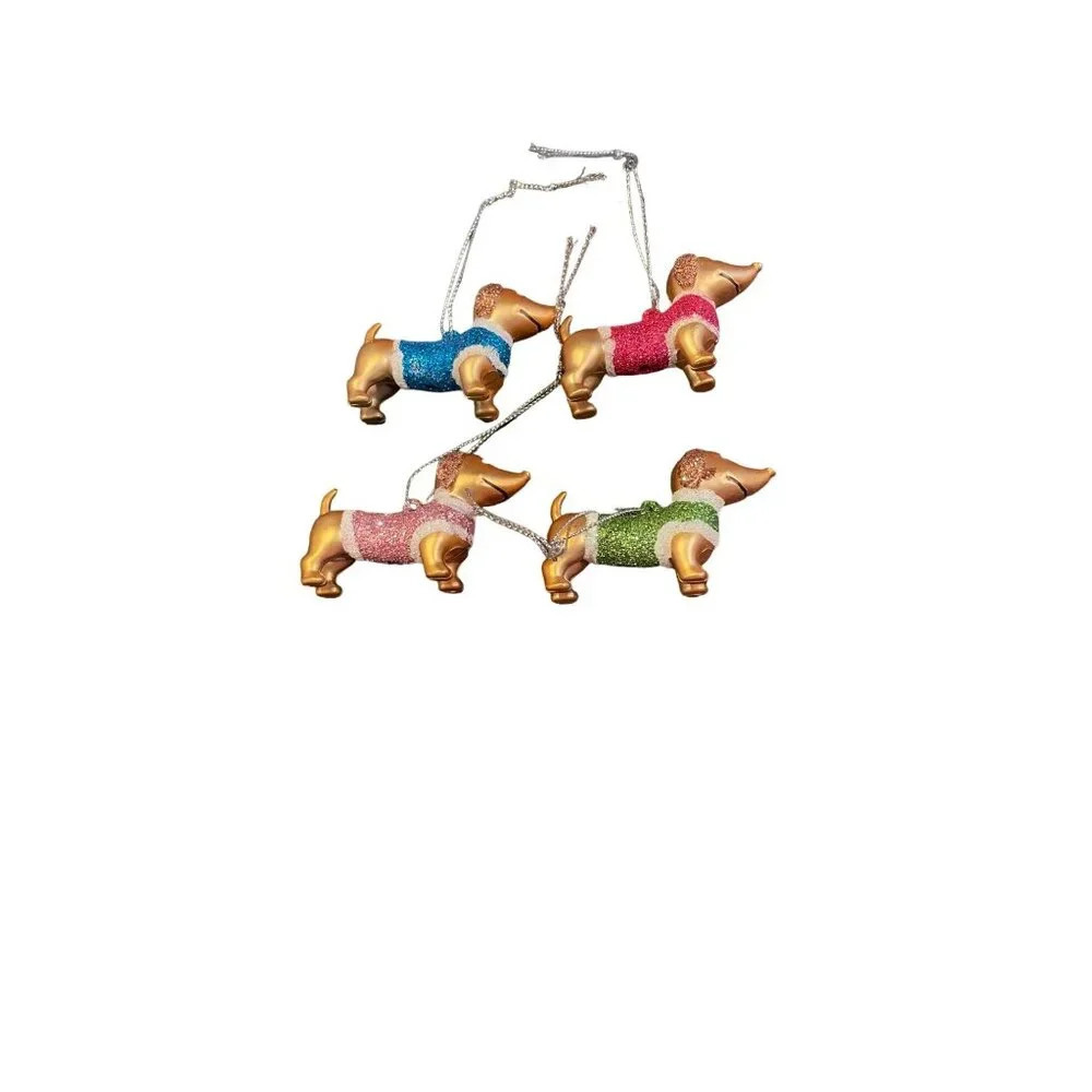 Dachshund Dog Ornaments‎ Glitter Colorful Sweaters Mini Christmas Set Of 4 NEW